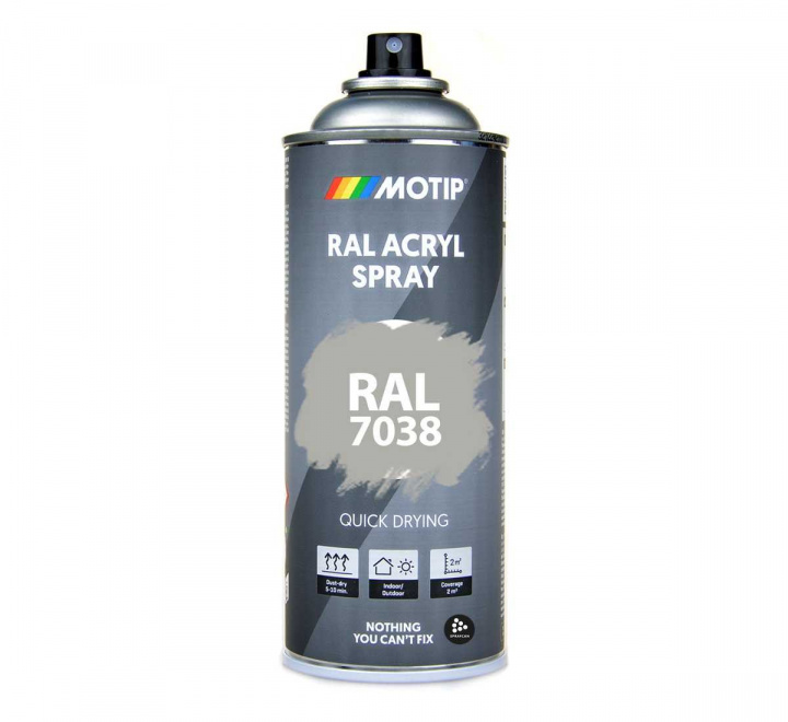 Gr sprayfrg RAL 7038 Agate Grey. Snabbtorkande akryllack fr inom- och utomhusbruk. Sprayburk 400 ml
